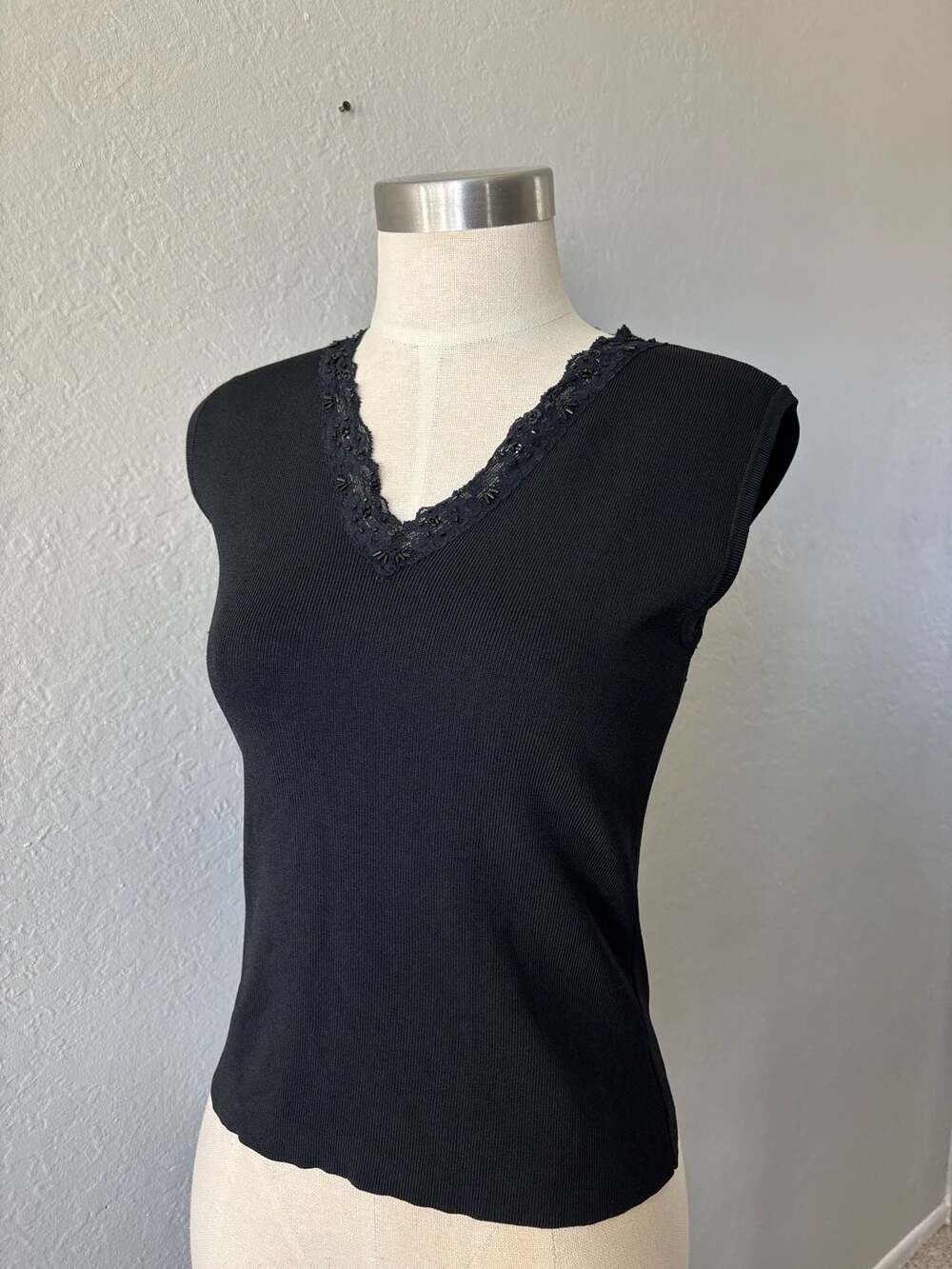 Black V-Neck Sleeveless Ribbed Tank Top